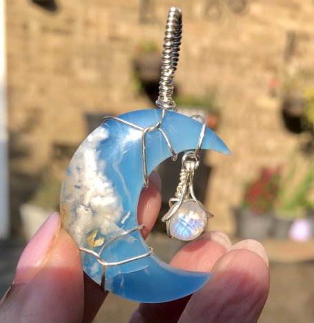 Plume agate crescent moon with moonstone dangle pendant in sterling silver 925