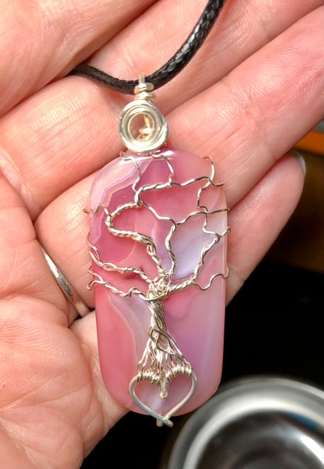 Pink agate tree of life pendant